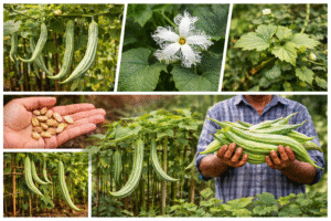 चिचिंडा की खेती, बेल पर उगते लंबे हरे snake gourd फल, फूल और बीज दिखाते हुए किचन गार्डन में उगाया गया पौधा – snake gourd in Hindi
